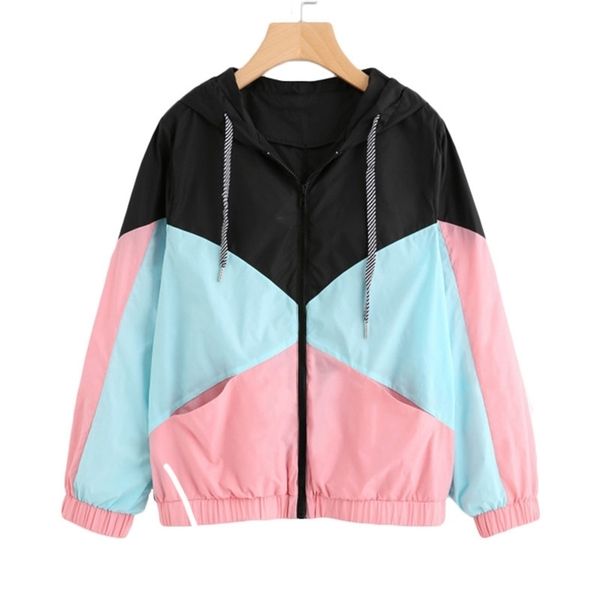women long sleeve zipper pockets casual sport coat multi color cut and sew windbreaker with hood block coats 211014, Black;brown
women long sleeve zipper pockets casual sport coat multi color cut and sew windbreaker with hood block coats 211014, Black;brown