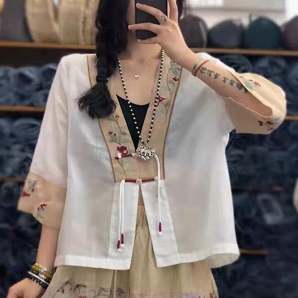 women's blouses & shirts 2021 summer ramie patch embroidery lace short-sleeved cardigan women retro style all-match thin shirt, White
women's blouses & shirts 2021 summer ramie patch embroidery lace short-sleeved cardigan women retro style all-match thin shirt, White
