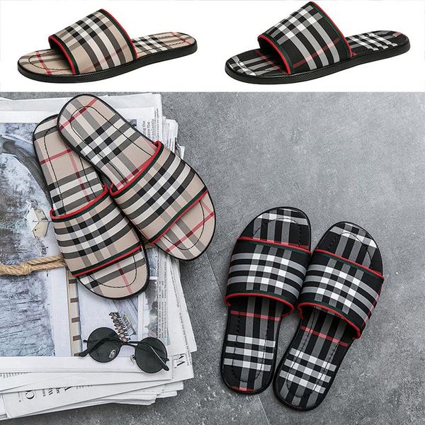

luxury grid pattern slipper men brand designer slides fashion summer beach flat sandals stripe slippers black khaki outdoor indoor flip flop