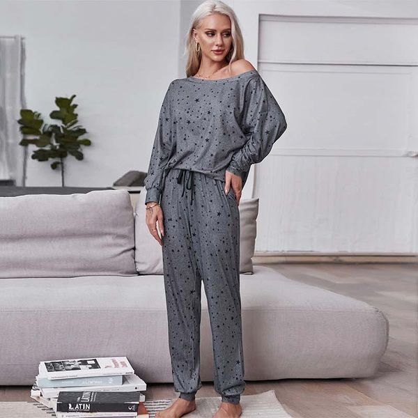 women set home casual o-neck long sleeve two piece slim pants sets fashion star pattern simple and soft pajama female suit women's, White
women set home casual o-neck long sleeve two piece slim pants sets fashion star pattern simple and soft pajama female suit women's, White