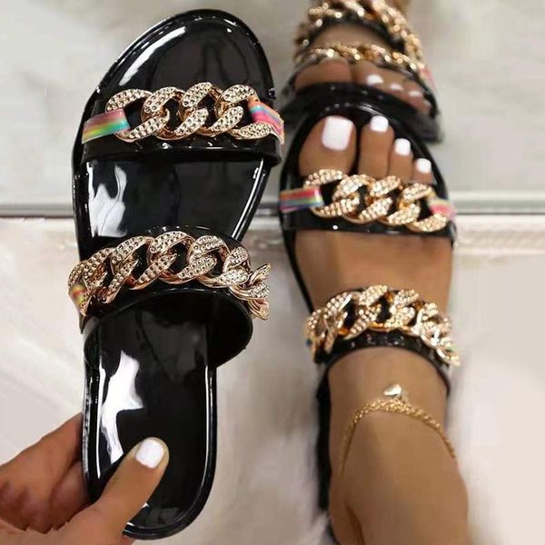 slippers summer trend luxury women solid leather upper crystal chain decoration slip on fashion outdoor slides ladies shoes, Black
slippers summer trend luxury women solid leather upper crystal chain decoration slip on fashion outdoor slides ladies shoes, Black