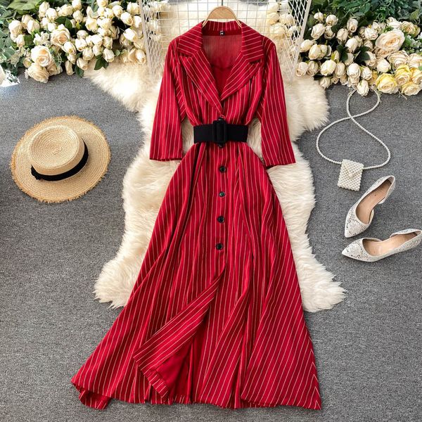 autumn winter women's notched collar single breasted striped long dress female 3/4 sleeve beige/green/red vestidos with sashes 210426, Black;gray
autumn winter women's notched collar single breasted striped long dress female 3/4 sleeve beige/green/red vestidos with sashes 210426, Black;gray