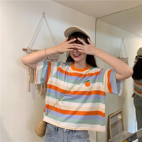 women's t-shirt 2021 summer rainbow stripe loose large female cute fashion korean girl casual urban kawaii clothes drop, White 
women's t-shirt 2021 summer rainbow stripe loose large female cute fashion korean girl casual urban kawaii clothes drop, White