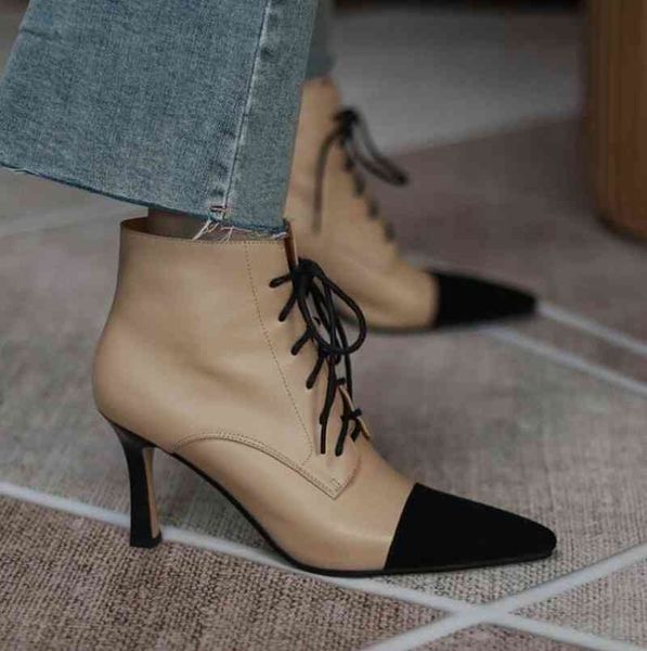 cowskin goblet fashion boots lace up pointed toe short boot winter mixcolor thin high heel, Black
cowskin goblet fashion boots lace up pointed toe short boot winter mixcolor thin high heel, Black