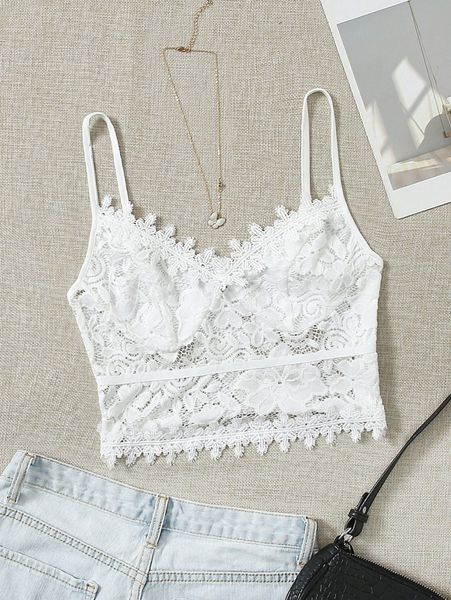 tall solid crop lace cami d36t#, White