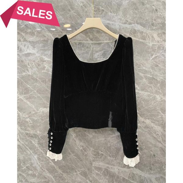 women's sweaters velvet square neck open back early spring european fashion short style french blouse, White;black
women's sweaters velvet square neck open back early spring european fashion short style french blouse, White;black