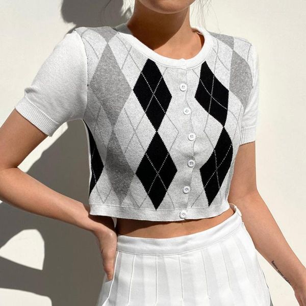 women's t-shirt lady knitting diamond lattice print short british style woolen cloth cropped o-collar woman button cardigan, White
women's t-shirt lady knitting diamond lattice print short british style woolen cloth cropped o-collar woman button cardigan, White