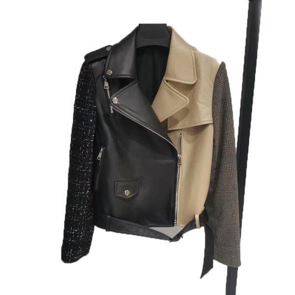 women's leather & faux spring clothes women short length genuine jacket turn-down collar multicolor splicing locomotive flax material s, Black
women's leather & faux spring clothes women short length genuine jacket turn-down collar multicolor splicing locomotive flax material s, Black