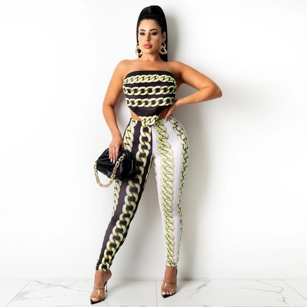 women's two piece pants summer fashion set women chain print tube tights trousers suit ladies sexy, White
women's two piece pants summer fashion set women chain print tube tights trousers suit ladies sexy, White