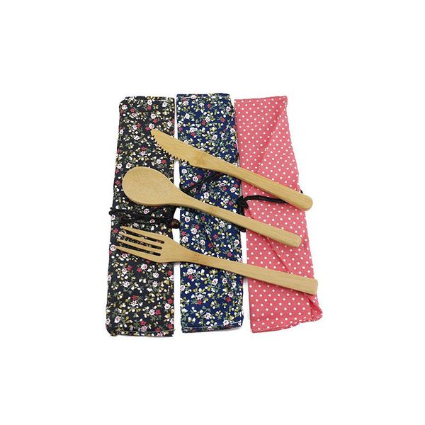 dinnerware sets bamboo cutlery set straw knife fork spoon portable wooden tableware travel kitchen camping