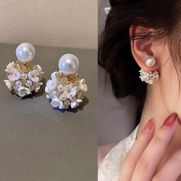 stud needle zircon pearl flower french retro geometric ball earrings, Golden;silver 
stud needle zircon pearl flower french retro geometric ball earrings, Golden;silver