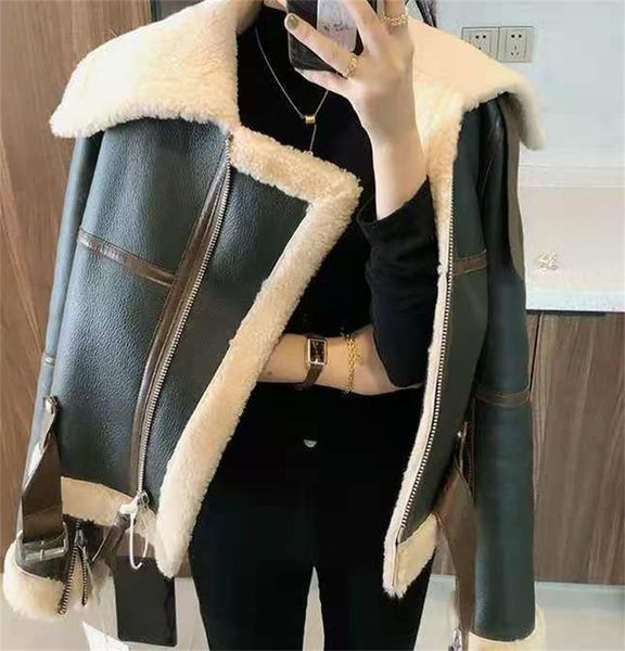 women's leather & faux women lamb fur jacket coat turn down collar winter thick warm oversized zipper with belt outerwear, Black
women's leather & faux women lamb fur jacket coat turn down collar winter thick warm oversized zipper with belt outerwear, Black