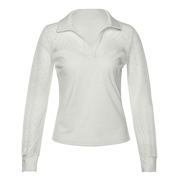 women's t-shirt spring autumn slim lapel mesh splicing t shirt dot long sleeve pullover, White
women's t-shirt spring autumn slim lapel mesh splicing t shirt dot long sleeve pullover, White