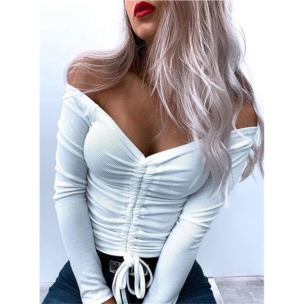 women's t-shirt ladies deep v neck t shirt fashion drawstring strapless long sleeve crop streetwear women solid color, White
women's t-shirt ladies deep v neck t shirt fashion drawstring strapless long sleeve crop streetwear women solid color, White