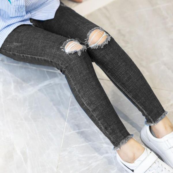 girls jeans hole ripped for kids korean denim pants black thicken floral jean girl trousers, Blue 
girls jeans hole ripped for kids korean denim pants black thicken floral jean girl trousers, Blue