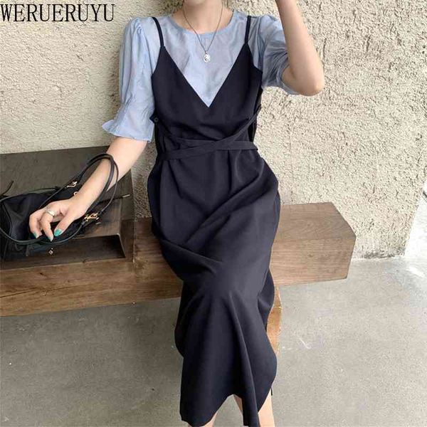 werueruyu women summer half sleeve fake two piece long tshirt dress round collar loose plus size split dresses elastic bust 210608, Black;gray
werueruyu women summer half sleeve fake two piece long tshirt dress round collar loose plus size split dresses elastic bust 210608, Black;gray