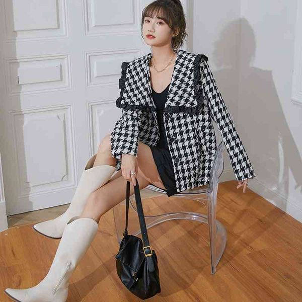 women's jackets houndstooth wool coat women korean fashion tweed jacket loose ruffle big collar ladies winter r6z9, Black;brown
women's jackets houndstooth wool coat women korean fashion tweed jacket loose ruffle big collar ladies winter r6z9, Black;brown