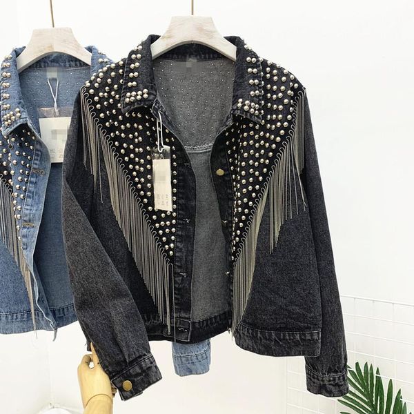 women's jackets streetwear denim jacket for women autumn hand-studded rivet tassel chain short jeans coat woman loose black, Black;brown
women's jackets streetwear denim jacket for women autumn hand-studded rivet tassel chain short jeans coat woman loose black, Black;brown