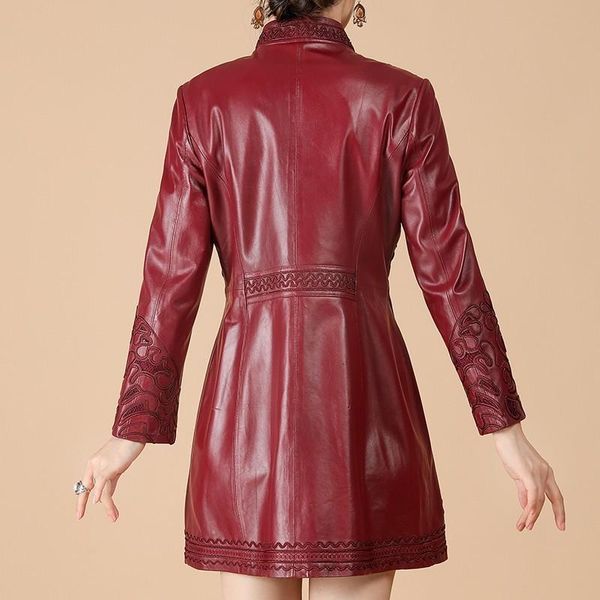 women's leather & faux autumn genuine jacket women hollow out embroidery slim sheepskin coat office lady medium long windbreaker plus s, Black
women's leather & faux autumn genuine jacket women hollow out embroidery slim sheepskin coat office lady medium long windbreaker plus s, Black