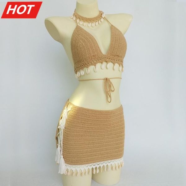 3pcs bikini set woman crochet shell tassel and seashell ankle chain beach skirt lace see through slim mini women's swimwear, White;black
3pcs bikini set woman crochet shell tassel and seashell ankle chain beach skirt lace see through slim mini women's swimwear, White;black