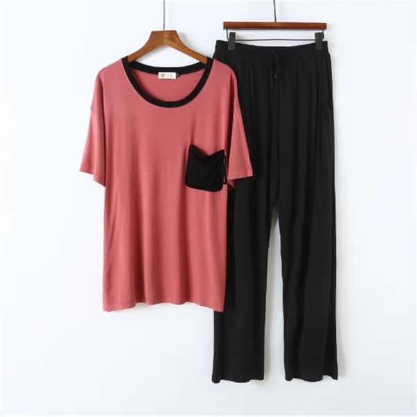women's sleepwear pyjamas women contrast color short sleeve trousers sleepwear suit modal cotton two-piece pajamas set loose pijama fem, Black;red
women's sleepwear pyjamas women contrast color short sleeve trousers sleepwear suit modal cotton two-piece pajamas set loose pijama fem, Black;red