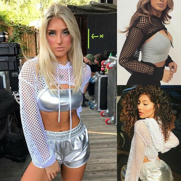 women's t-shirt fashion women see-through net hooded long sleeve rock club dance gothic fishnet t shirt hoodies, White
women's t-shirt fashion women see-through net hooded long sleeve rock club dance gothic fishnet t shirt hoodies, White