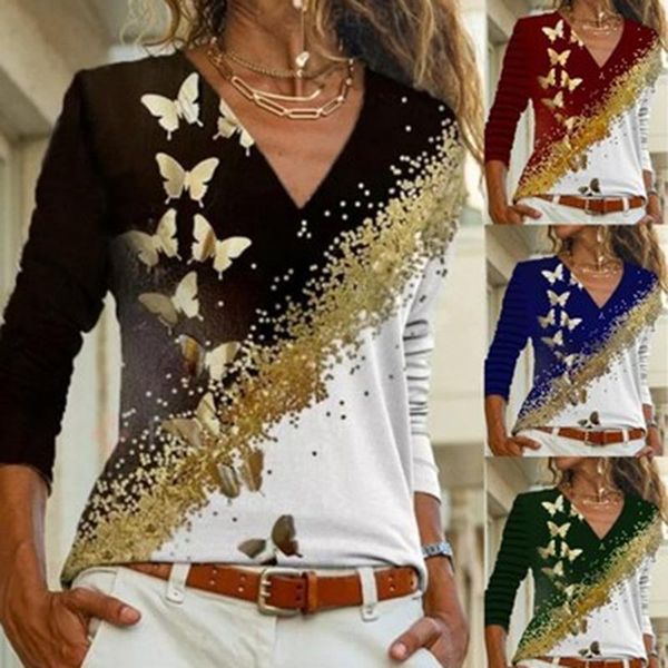 women's t-shirt autumn clothes for women 2021trending casual v neck long sleeve elegant gold butterfly print tunic female tee t shirt, White 
women's t-shirt autumn clothes for women 2021trending casual v neck long sleeve elegant gold butterfly print tunic female tee t shirt, White