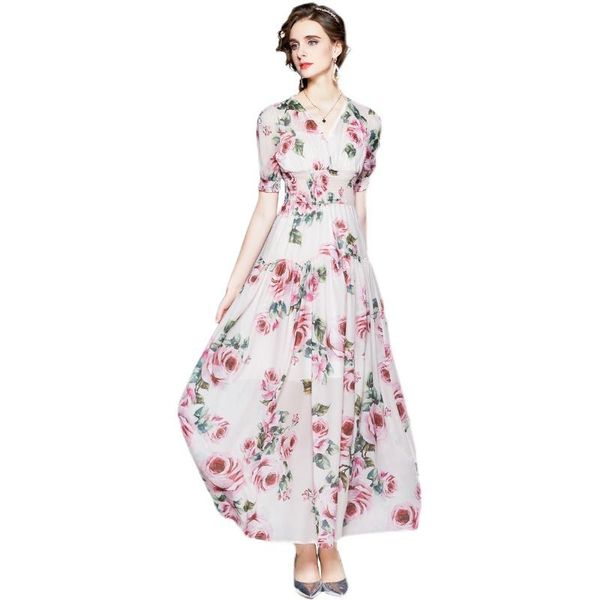 party dresses runway designer summer boho maxi dress women's v-neck elastic waist flower print long k6652, White;black
party dresses runway designer summer boho maxi dress women's v-neck elastic waist flower print long k6652, White;black