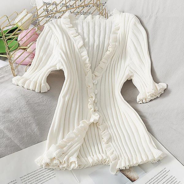 womens shirts summer knitted blouse women long sleeve solid ruffles hem buttons woman and blouses spring, White
womens shirts summer knitted blouse women long sleeve solid ruffles hem buttons woman and blouses spring, White