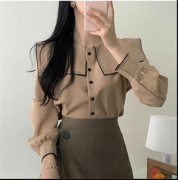 vintage solid brown long womens shirts sleeve girls plus size autumn blouses femme blusas, White
vintage solid brown long womens shirts sleeve girls plus size autumn blouses femme blusas, White