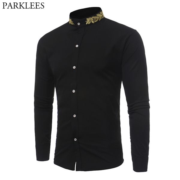stand collar men shirt brand gold embroidery long sleeve slim fit cotton male s casual s dress s 210626, White;black
stand collar men shirt brand gold embroidery long sleeve slim fit cotton male s casual s dress s 210626, White;black