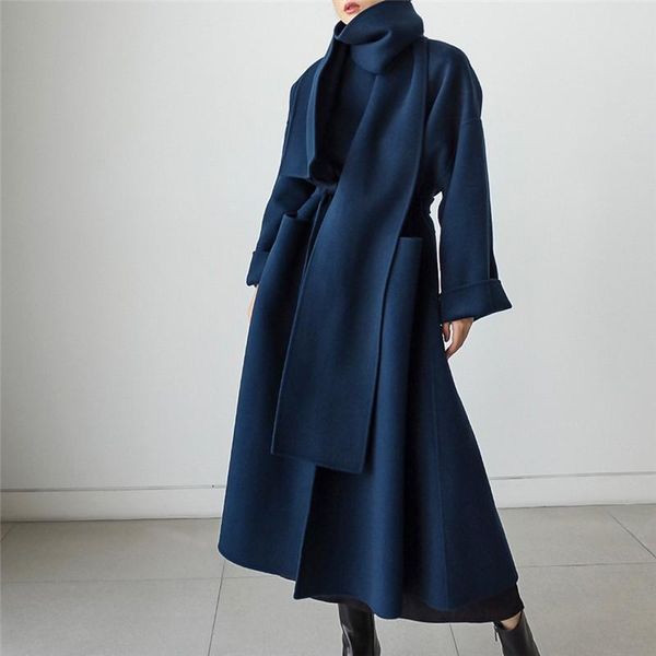women's wool & blends arrival fashion autumn winter x-long woolen coat women loose plus size belt overcoat with scarf, Black
women's wool & blends arrival fashion autumn winter x-long woolen coat women loose plus size belt overcoat with scarf, Black