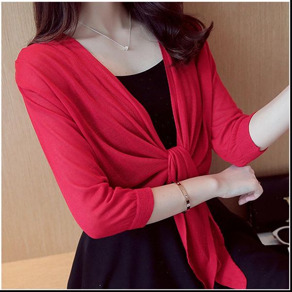 sweet knitted solid color thin women sweaters outerwear short 3 4 sleeve cardigan coats hem tie shawl qw, White;black
sweet knitted solid color thin women sweaters outerwear short 3 4 sleeve cardigan coats hem tie shawl qw, White;black