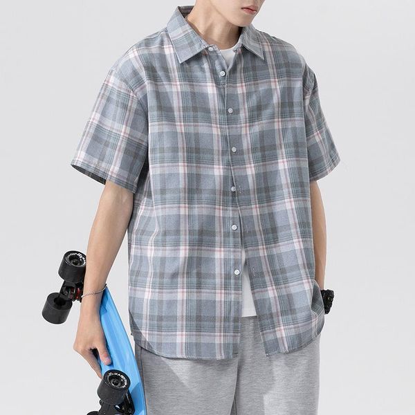 men's casual shirts camisas para hombre 2021 short-sleeved shirt summer korean trendy plaid handsome men clothing, White;black
men's casual shirts camisas para hombre 2021 short-sleeved shirt summer korean trendy plaid handsome men clothing, White;black
