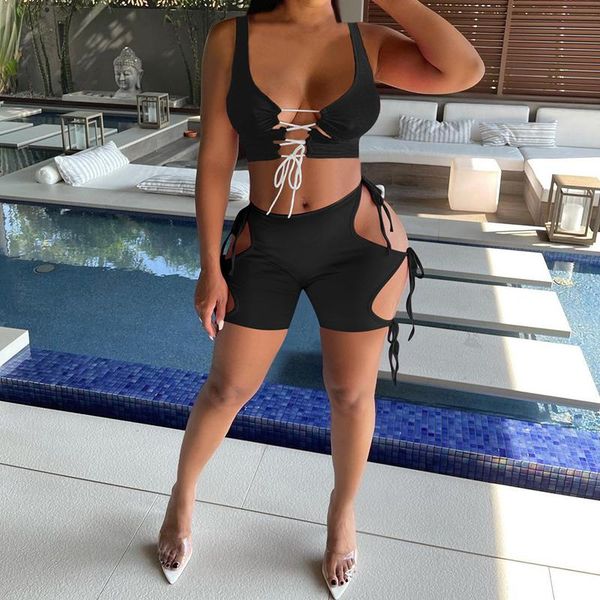 women's tracksuits summer nightclub 2 piece matching set three colors straps drawstring low cut vest + hollow out lace-up shorts, Gray
women's tracksuits summer nightclub 2 piece matching set three colors straps drawstring low cut vest + hollow out lace-up shorts, Gray