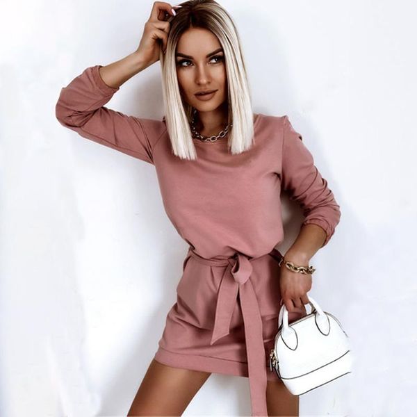 casual dresses women o-neck long sleeve belt mini dress 2021 autumn off shoulder sweatshirt fashion pink woman vestidos, Black;gray
casual dresses women o-neck long sleeve belt mini dress 2021 autumn off shoulder sweatshirt fashion pink woman vestidos, Black;gray