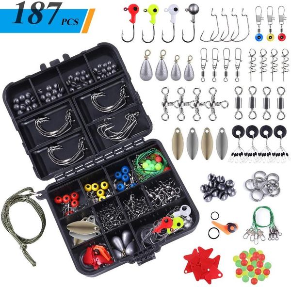 187pcs fishing accessories kit including jig hooks bass casting sinker weights set with tackle box
187pcs fishing accessories kit including jig hooks bass casting sinker weights set with tackle box