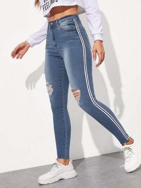 high stretch side tape ripped jeggings g8og#, Blue
high stretch side tape ripped jeggings g8og#, Blue