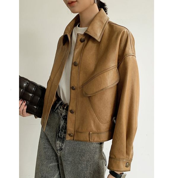 women's leather & faux leather jacket, stylish, turtleneck turned down, with pockets, casual, loose, lambskin 46zz, Black
women's leather & faux leather jacket, stylish, turtleneck turned down, with pockets, casual, loose, lambskin 46zz, Black
