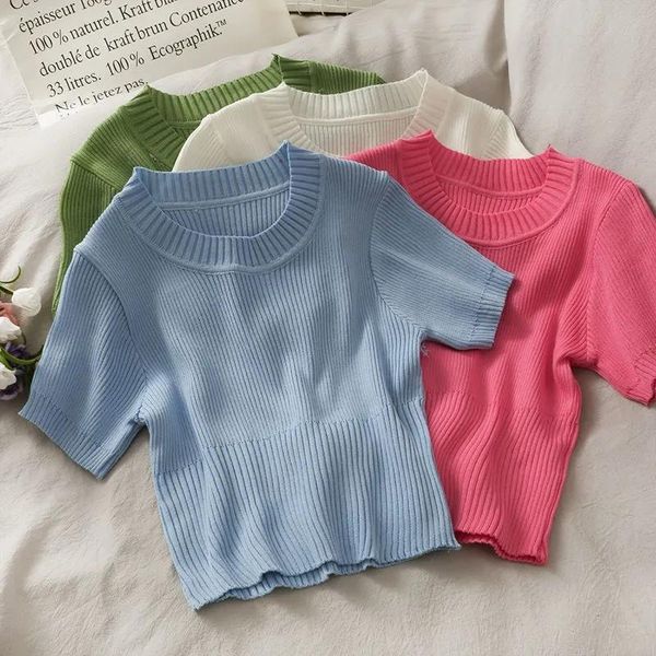 shirts women crew neck soild knitted cropped tshirt summer streetwear pullovers female short sleeved tee women's t-shirt, White
shirts women crew neck soild knitted cropped tshirt summer streetwear pullovers female short sleeved tee women's t-shirt, White