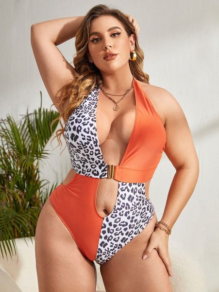 plus contrast leopard plunging one piece swimsuit p2xv#, Black 
plus contrast leopard plunging one piece swimsuit p2xv#, Black