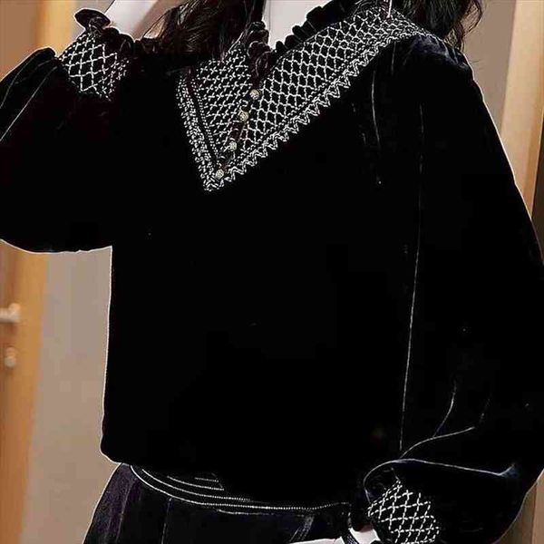 black velvet v-neck chic gentle loose dark-flowers office lady all-match elegant blouses, White
black velvet v-neck chic gentle loose dark-flowers office lady all-match elegant blouses, White