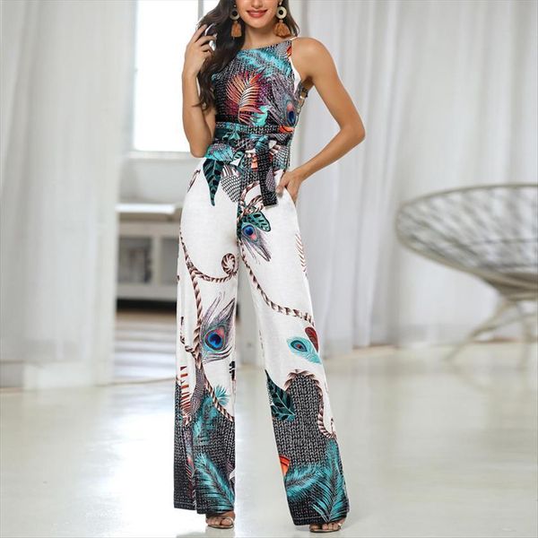 

spaghetti strap peacock print summer women jumpsuits printed long overalls playsuit beach wide leg pants romper, Black;white