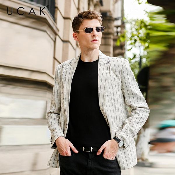 men's suits & blazers ucak brand 2021 spring autumn men masculino and suit jackets striped male slim fit business casual blazer coat u8, White;black 
men's suits & blazers ucak brand 2021 spring autumn men masculino and suit jackets striped male slim fit business casual blazer coat u8, White;black