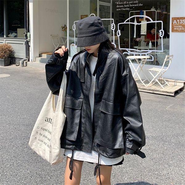 leather all-match drawstring vintage cute locomotive girl chic autumn brief cool pu leather office lady fashion coats, Black
leather all-match drawstring vintage cute locomotive girl chic autumn brief cool pu leather office lady fashion coats, Black