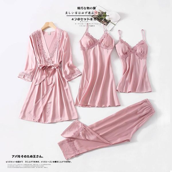 women rayon robe sets soft 4pcs pajamas sweet lace floral trim kimono bath nightgown nightdress lingerie home dress women's sleepwear, Black;red
women rayon robe sets soft 4pcs pajamas sweet lace floral trim kimono bath nightgown nightdress lingerie home dress women's sleepwear, Black;red