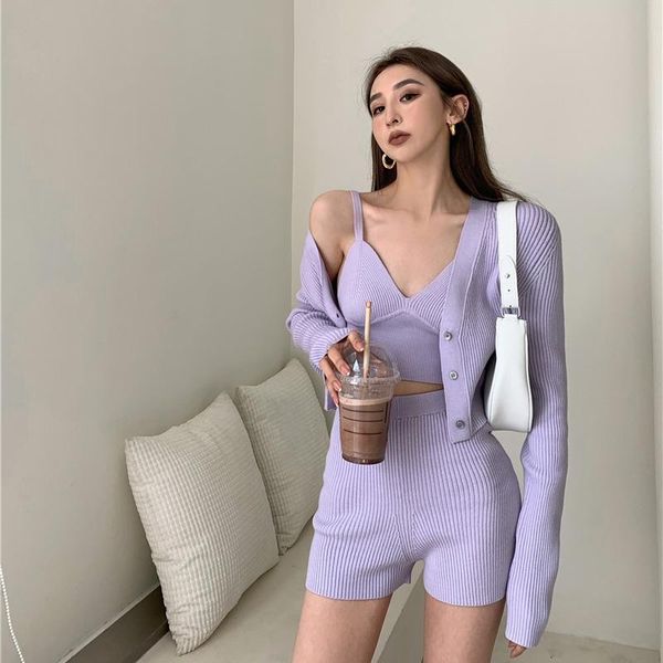 women's tracksuits camisole slim high waist wide leg shorts purple knitted cardigan coat thin long sleeve sweater fashion 3 piece, Gray
women's tracksuits camisole slim high waist wide leg shorts purple knitted cardigan coat thin long sleeve sweater fashion 3 piece, Gray