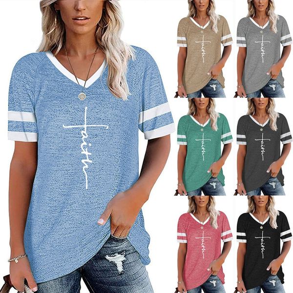 women's cross print contrast stitching v-neck short sleeve t-shirt, White
women's cross print contrast stitching v-neck short sleeve t-shirt, White