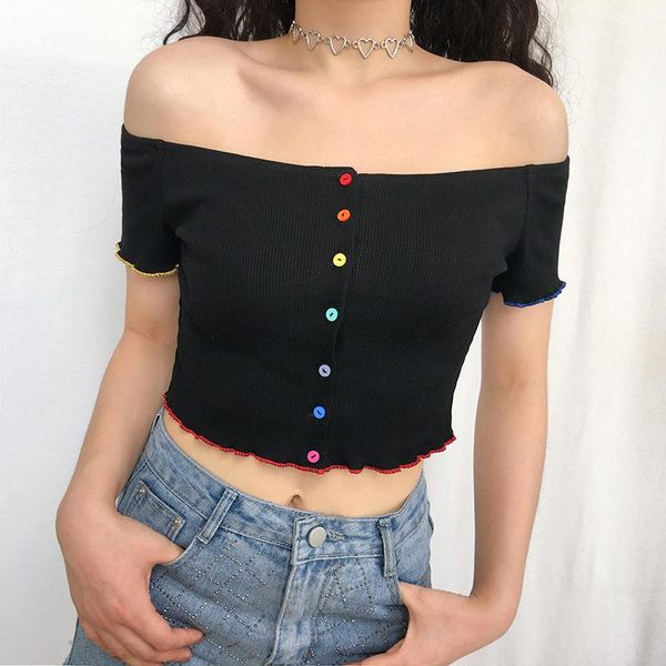 women's t-shirt strapless one-neck color buttons ruffle short black, White
women's t-shirt strapless one-neck color buttons ruffle short black, White