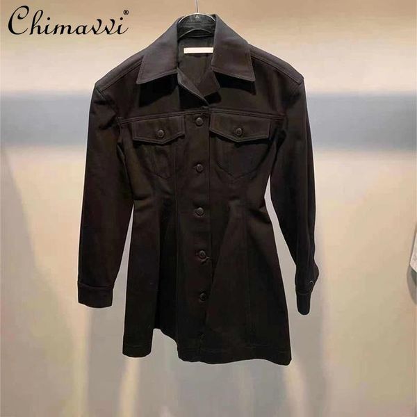 women's spring lapel tight waist black denim shirt dress fashion single breasted long coat ins jackets, Black;brown
women's spring lapel tight waist black denim shirt dress fashion single breasted long coat ins jackets, Black;brown